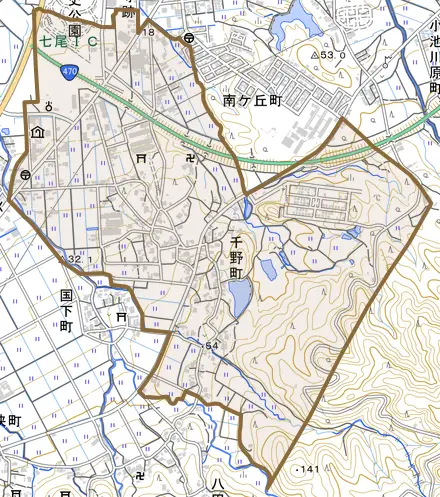 千野町とその周辺の地図。町の範囲を重ねている