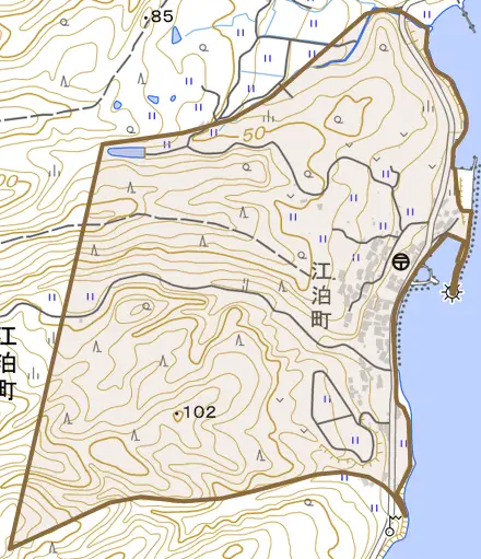 江泊町とその周辺の地図。町の範囲を重ねている