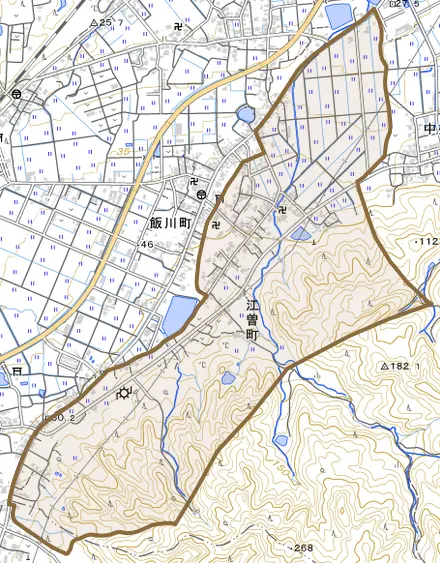 江曽町とその周辺の地図。町の範囲を重ねている