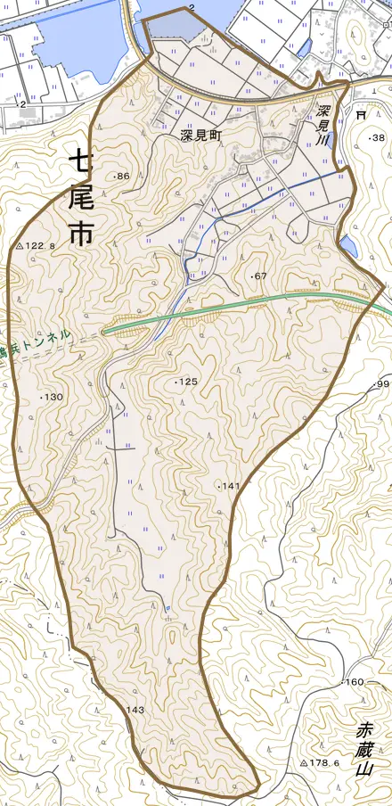 深見町とその周辺の地図。町の範囲を重ねている