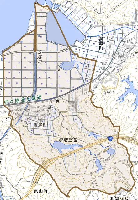 舟尾町とその周辺の地図。町の範囲を重ねている