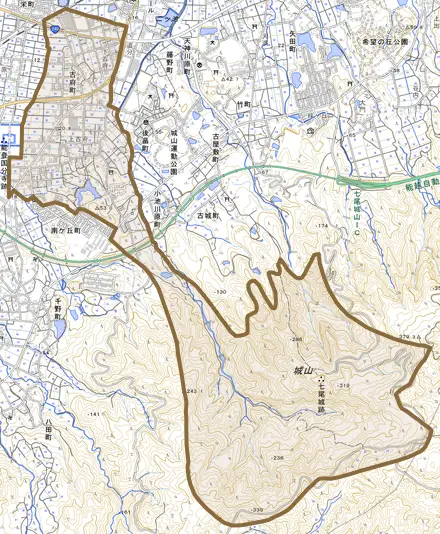 古府町とその周辺の地図。町の範囲を重ねている