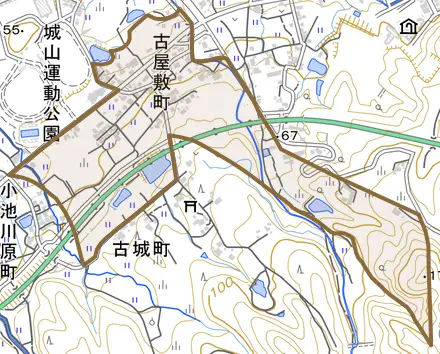古屋敷町とその周辺の地図。町の範囲を重ねている