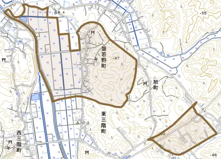 盤若野町とその周辺の地図。町の範囲を重ねている