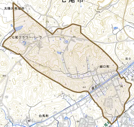 細口町とその周辺の地図。町の範囲を重ねている