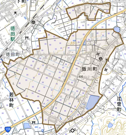 飯川町とその周辺の地図。町の範囲を重ねている