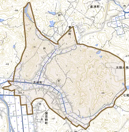 池崎町とその周辺の地図。町の範囲を重ねている