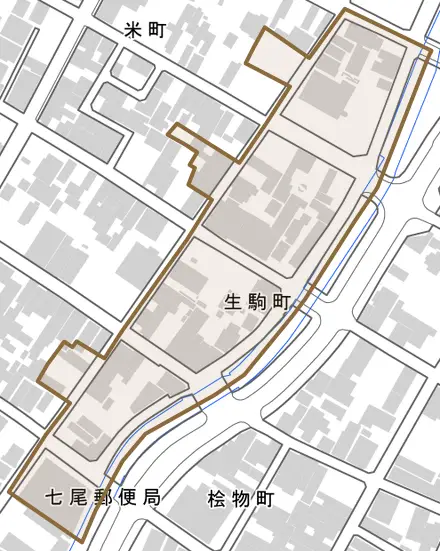 生駒町とその周辺の地図。町の範囲を重ねている