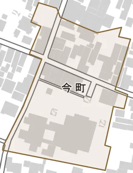 今町とその周辺の地図。町の範囲を重ねている