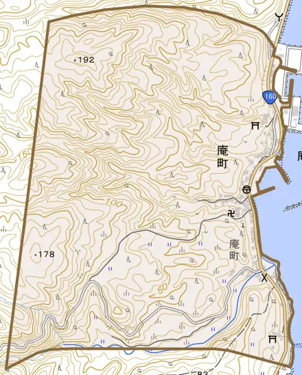 庵町とその周辺の地図。町の範囲を重ねている