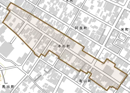 一本杉町とその周辺の地図。町の範囲を重ねている
