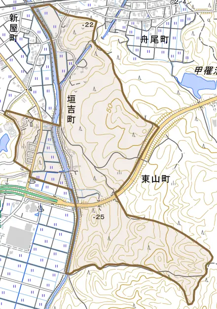 垣吉町とその周辺の地図。町の範囲を重ねている