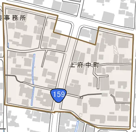 上府中町とその周辺の地図。町の範囲を重ねている