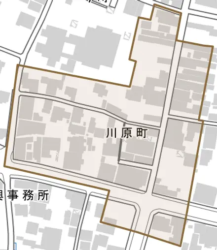川原町とその周辺の地図。町の範囲を重ねている