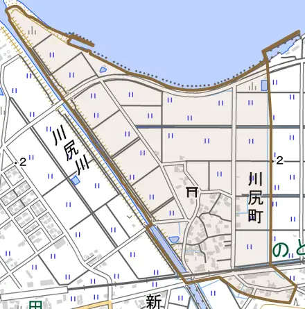 川尻町とその周辺の地図。町の範囲を重ねている