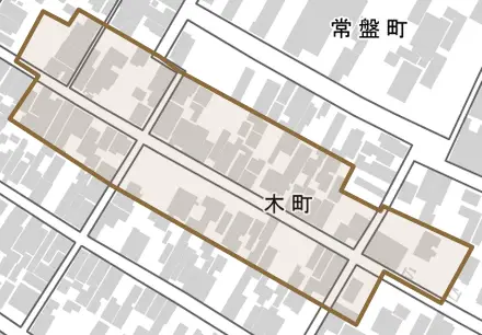 木町とその周辺の地図。町の範囲を重ねている