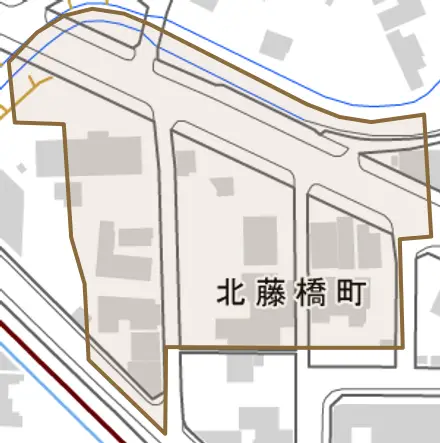 北藤橋町とその周辺の地図。町の範囲を重ねている