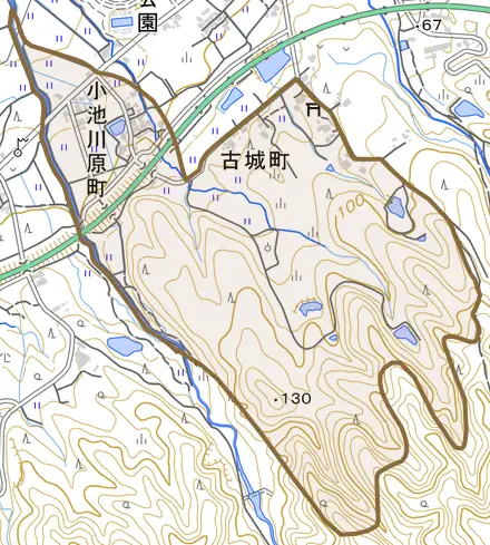小池川原町とその周辺の地図。町の範囲を重ねている