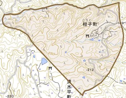 柑子町とその周辺の地図。町の範囲を重ねている