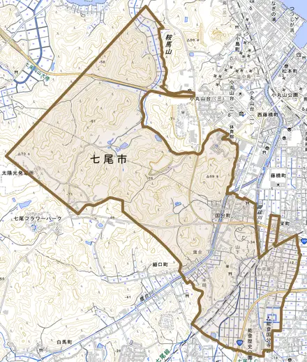 国分町とその周辺の地図。町の範囲を重ねている