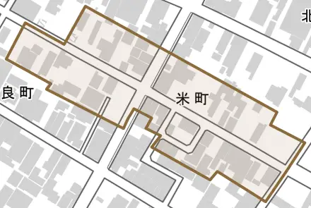米町とその周辺の地図。町の範囲を重ねている