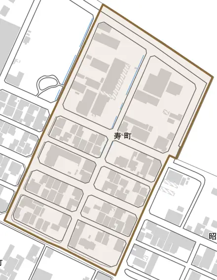 寿町とその周辺の地図。町の範囲を重ねている