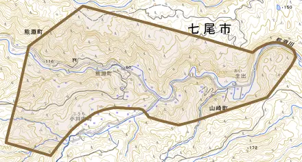 熊淵町とその周辺の地図。町の範囲を重ねている
