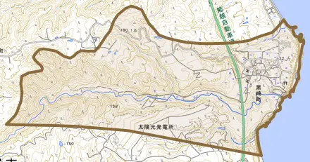 黒崎町とその周辺の地図。町の範囲を重ねている