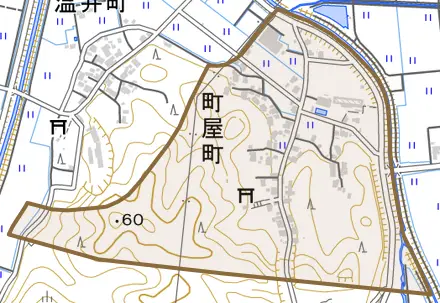 町屋町とその周辺の地図。町の範囲を重ねている