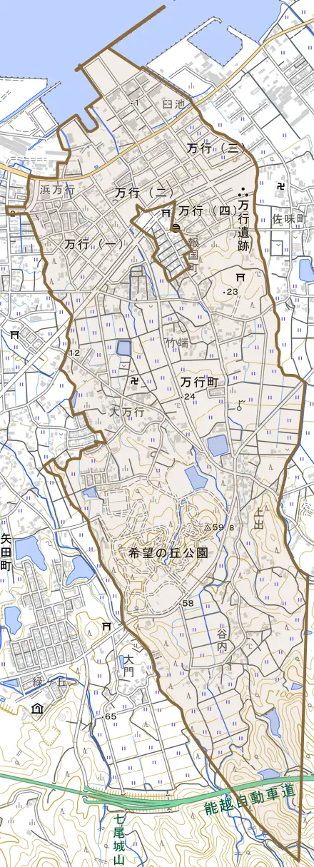 万行町とその周辺の地図。町の範囲を重ねている