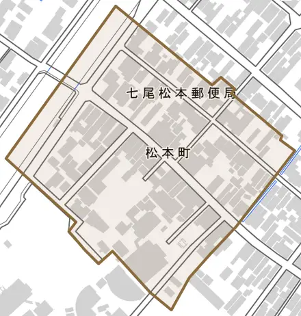 松本町とその周辺の地図。町の範囲を重ねている