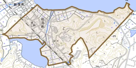 松百町とその周辺の地図。町の範囲を重ねている