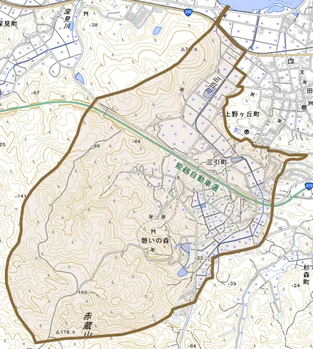 三引町とその周辺の地図。町の範囲を重ねている