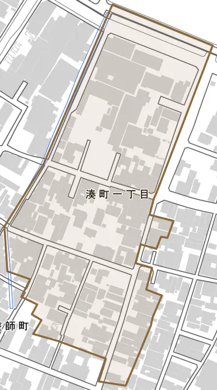 湊町とその周辺の地図。町の範囲を重ねている