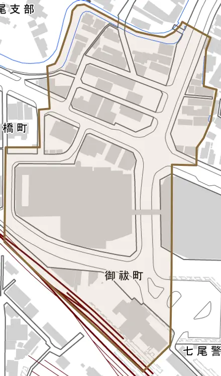 御祓町とその周辺の地図。町の範囲を重ねている