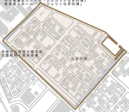 なぎの浦とその周辺の地図。町の範囲を重ねている