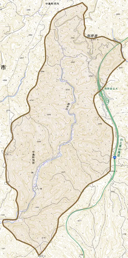 中島町別所とその周辺の地図。町の範囲を重ねている