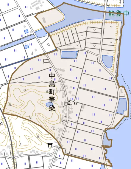 中島町筆染とその周辺の地図。町の範囲を重ねている