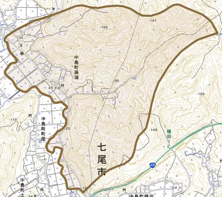 中島町藤瀬とその周辺の地図。町の範囲を重ねている