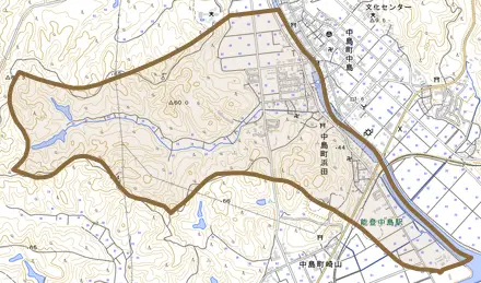 中島町浜田とその周辺の地図。町の範囲を重ねている