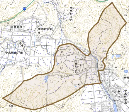 中島町上町とその周辺の地図。町の範囲を重ねている