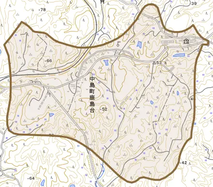 中島町鹿島台とその周辺の地図。町の範囲を重ねている