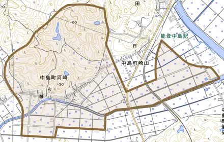 中島町河崎とその周辺の地図。町の範囲を重ねている