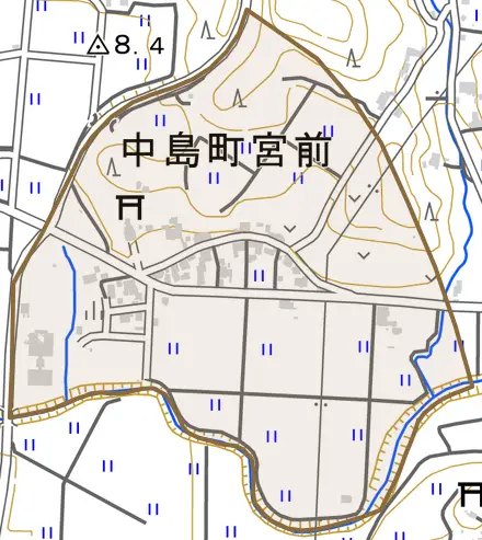 中島町宮前とその周辺の地図。町の範囲を重ねている