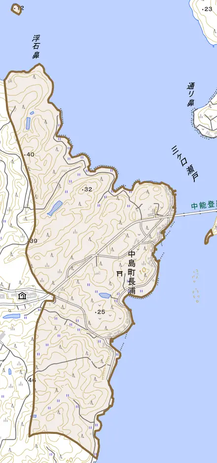 中島町長浦とその周辺の地図。町の範囲を重ねている