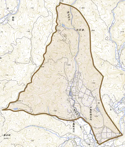 中島町西谷内とその周辺の地図。町の範囲を重ねている