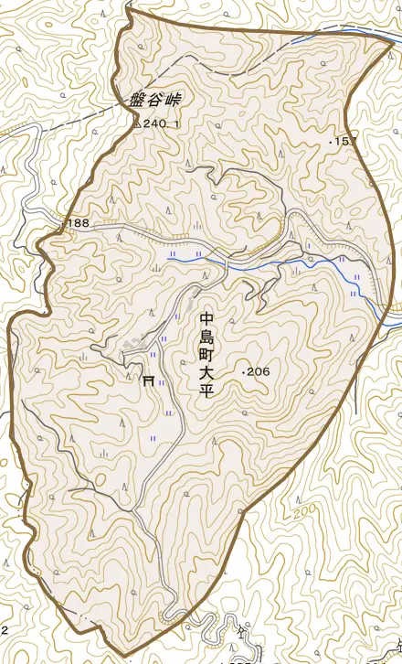 中島町大平とその周辺の地図。町の範囲を重ねている