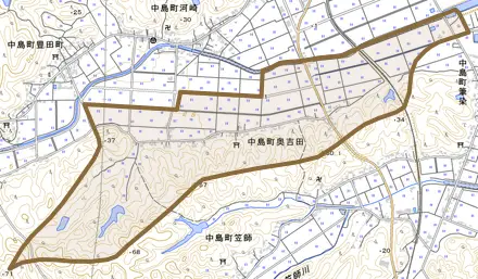 中島町奥吉田とその周辺の地図。町の範囲を重ねている