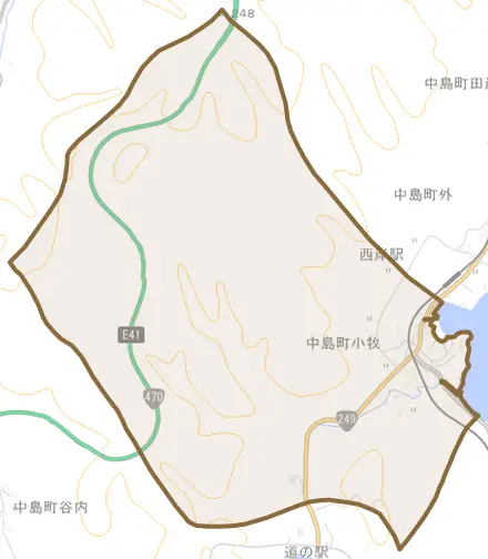 中島町小牧とその周辺の地図。町の範囲を重ねている