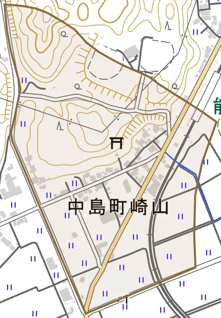 中島町崎山とその周辺の地図。町の範囲を重ねている